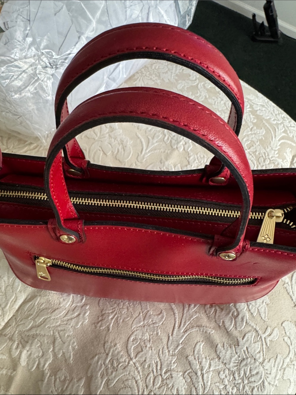 Patricia Nash Red Floral Embossed Leather Shoulder Bag with Gold-Tone Accents - Picture 3 of 3